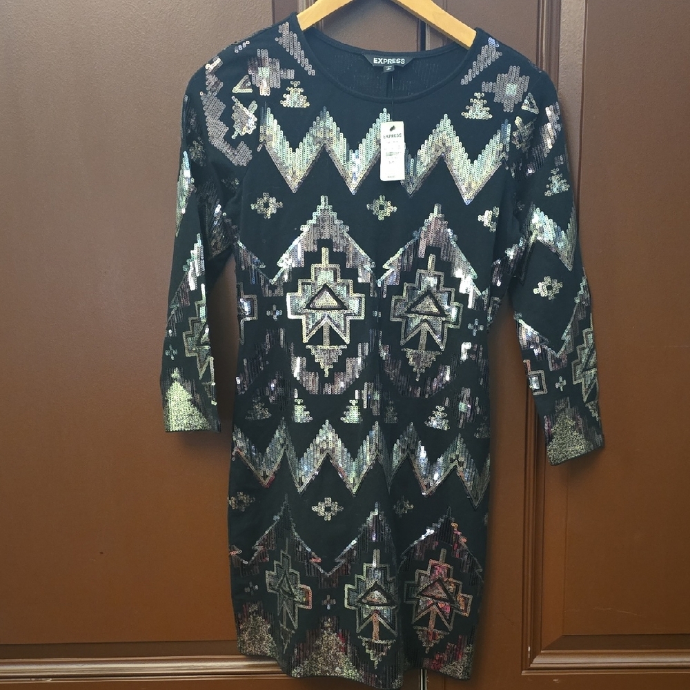 Express Black and Gold Sequin Long Sleeve Dress Size Small